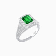 Art Deco Inspired Emerald Cut Baguette Halo Ring with Engraved Shoulders - Shahin Jewelry